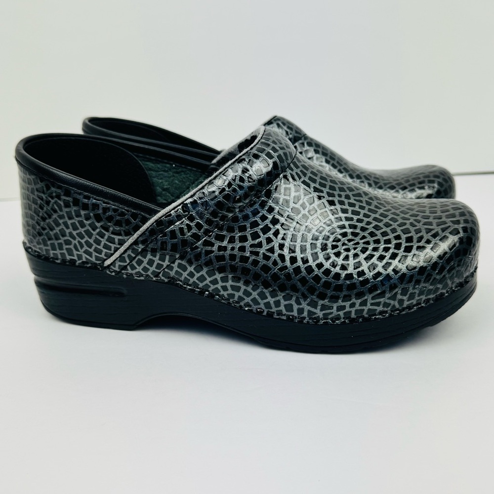 Dansko Professional Clogs, Womenβs Size 39. Black and silver mosaic pattern.